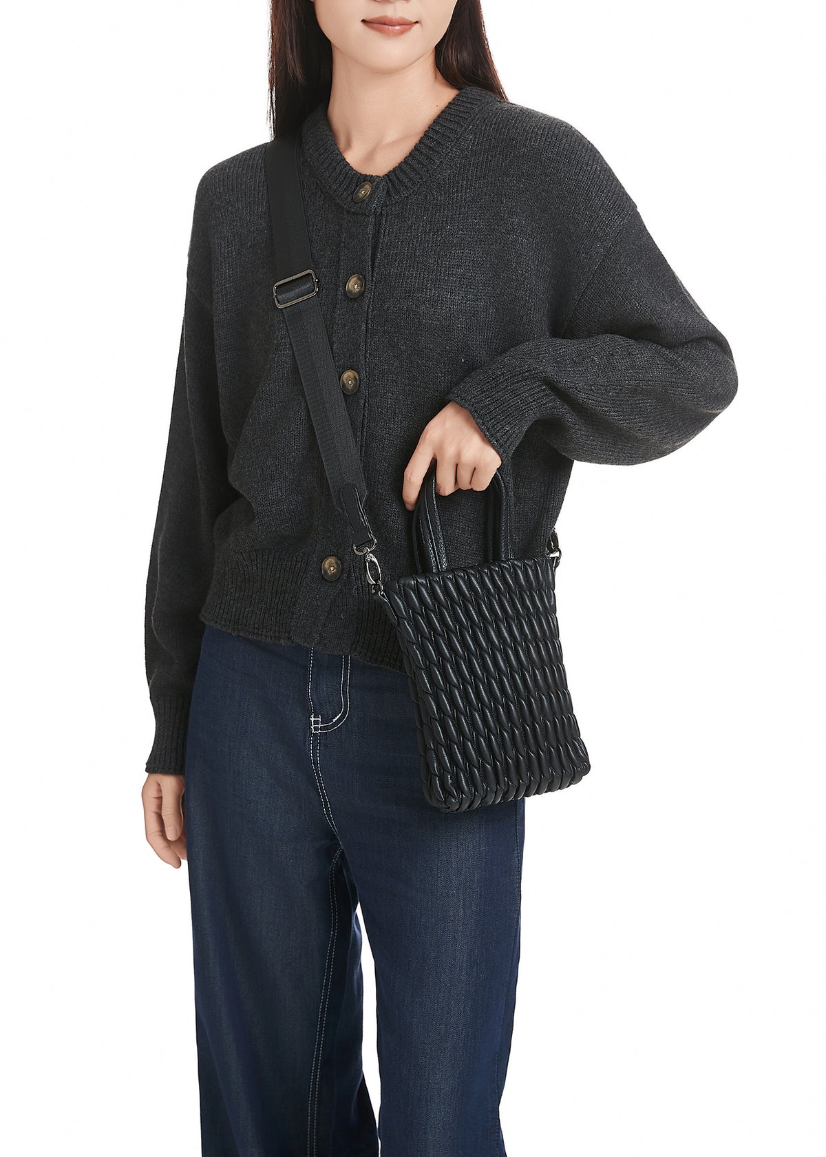 Mila Jet Black Puckered Vegan Leather Mini Tote Crossbody Bag