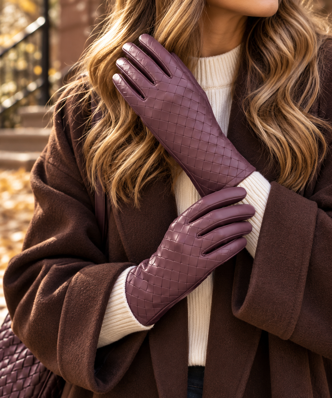 Plaza Burgundy Woven Vegan Leather Glove