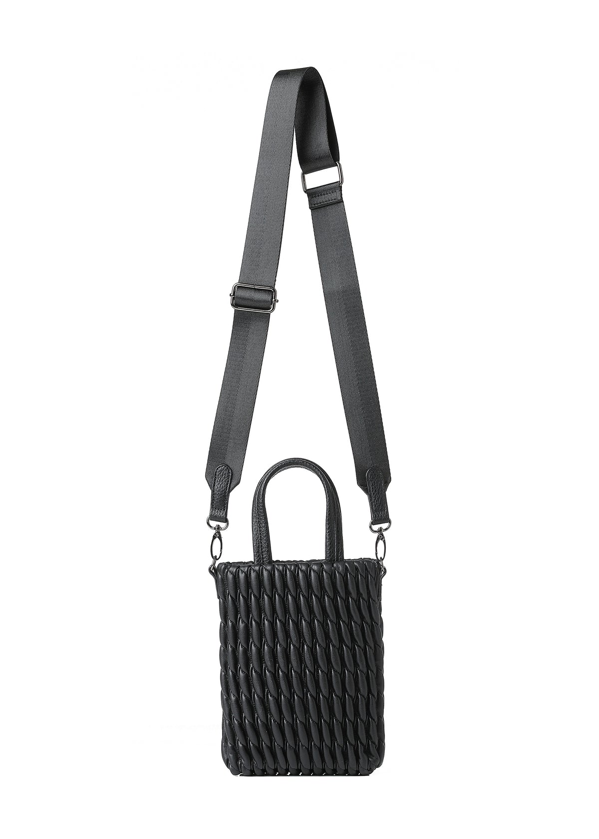 Mila Jet Black Puckered Vegan Leather Mini Tote Crossbody Bag