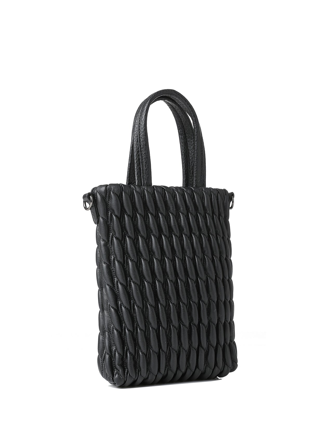Mila Jet Black Puckered Vegan Leather Mini Tote Crossbody Bag