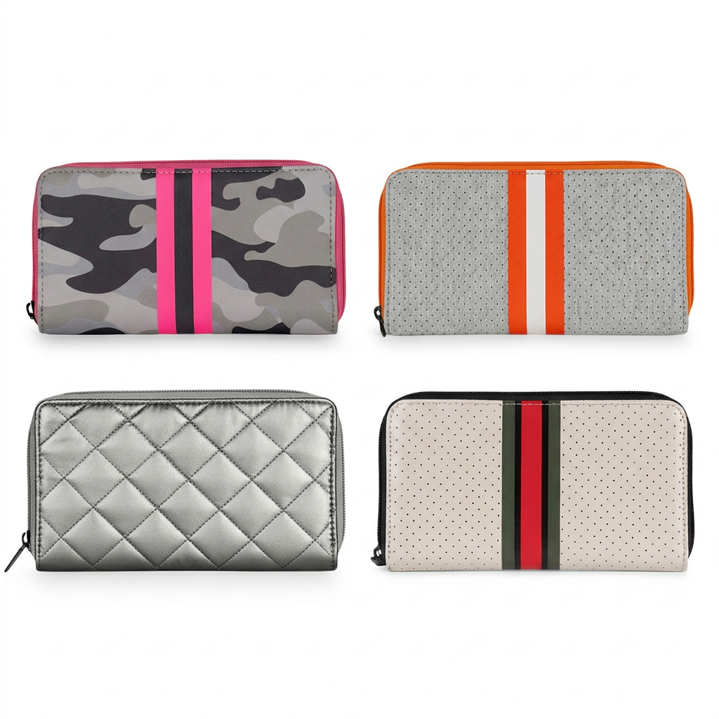 Four Cash wallets side by side: camouflage, gray with orange stripes, quilted silver, and cream with red and green stripes