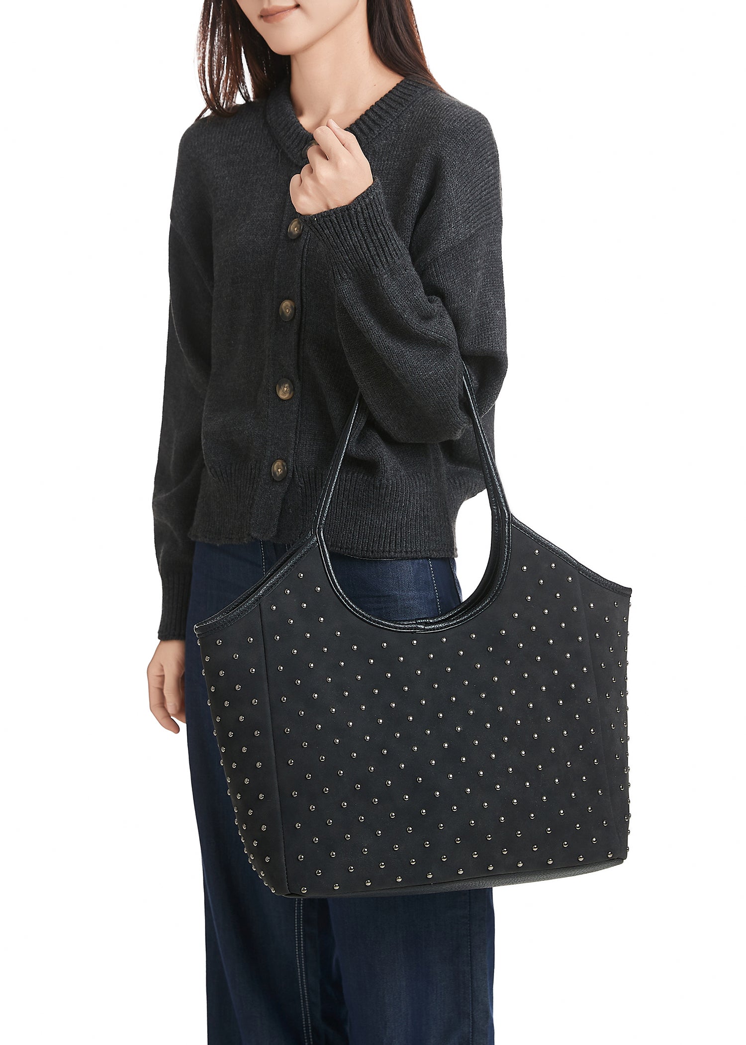 Isla Black Suede Studded Tote