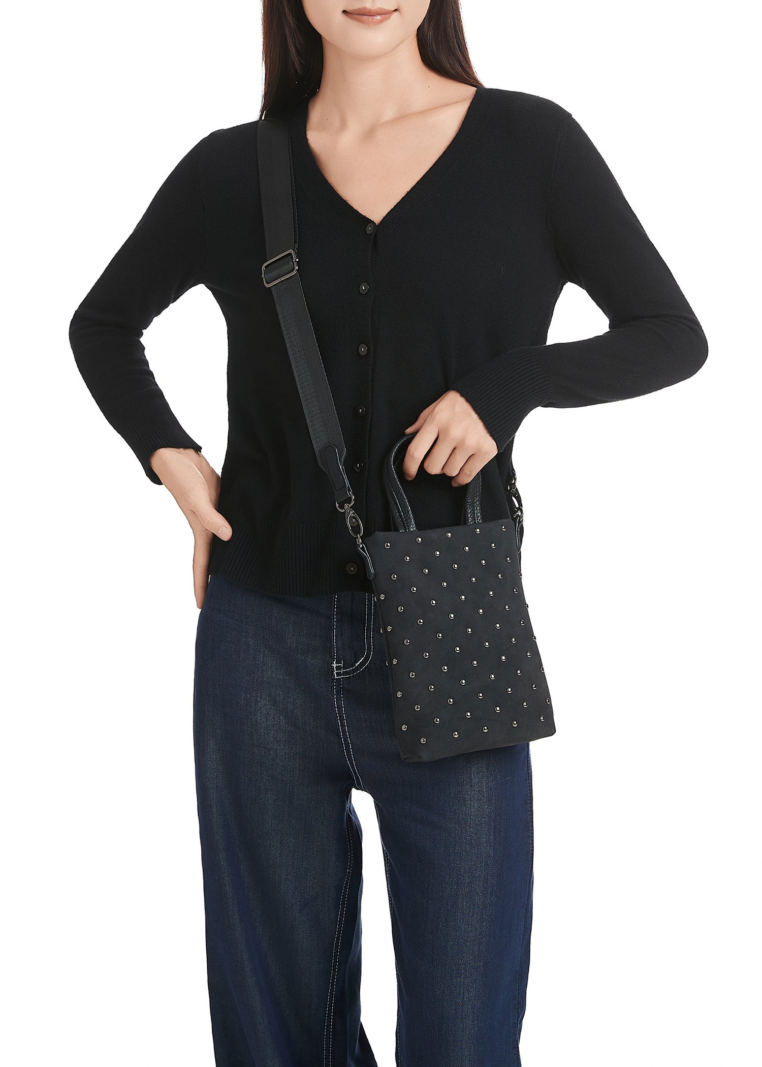 Mila Black Studded Suede Phone Crossbody Bag